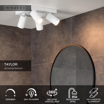 Lucide TAYLOR - Deckenstrahler Badezimmer - LED Dim to warm - GU10 - 4x5W 2200K/3000K - IP44 - Weiß